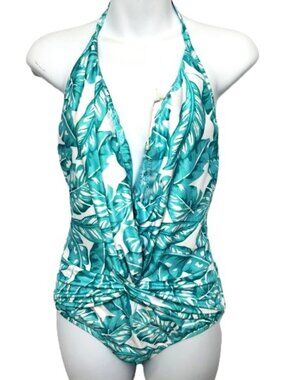 Kenny Flowers One Piece Hawaiian Palm Watercolor Deep V Halter Swimsuit NWOT